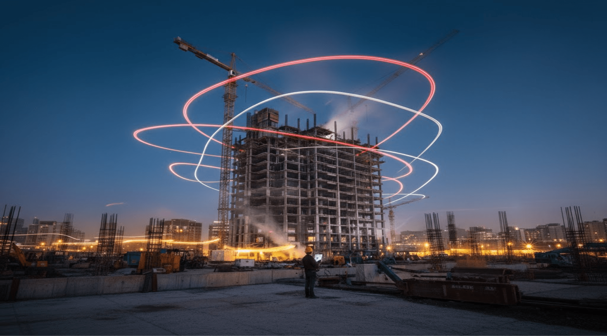 Construction site illuminated at night